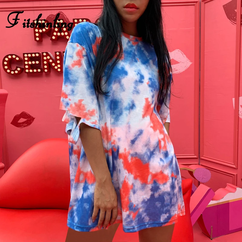 

Fitshinling Harajuku Tie Dye Summer T-shirts For Women Fashion Streetwear Long Tops Female T-shirt Cut Out Punk TShirt Femme Hot