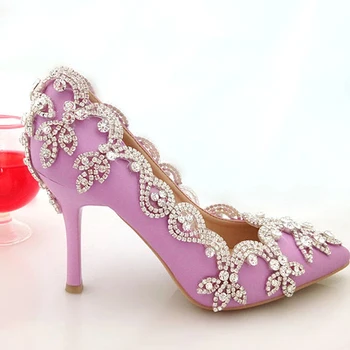 

2018 Bridal Shoes with Rhinestone Pointed Toe 3 Inch Party Prom Heels Glamorous Popular Purple White Wedding Shoes