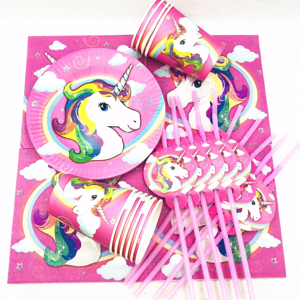 

50pcs Unicorn set Cartoon theme birthday party Unicorn plates cup straws napkin unicorn Tablecovers Birthday Party Decorations