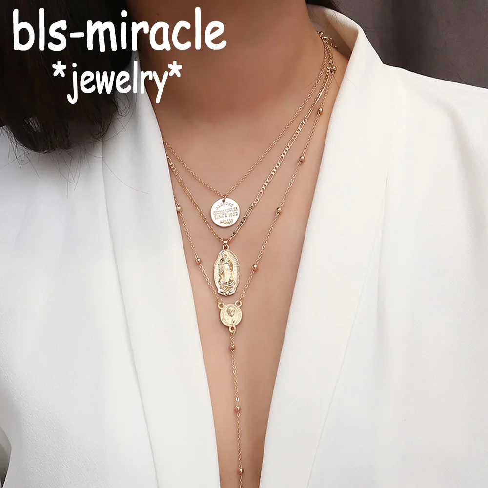 

Bls-miracle Fashion Letter Charm Multi-layer Pendant Necklaces For Women Boho Coin Gold Color Chains Necklace Statement Jewelry