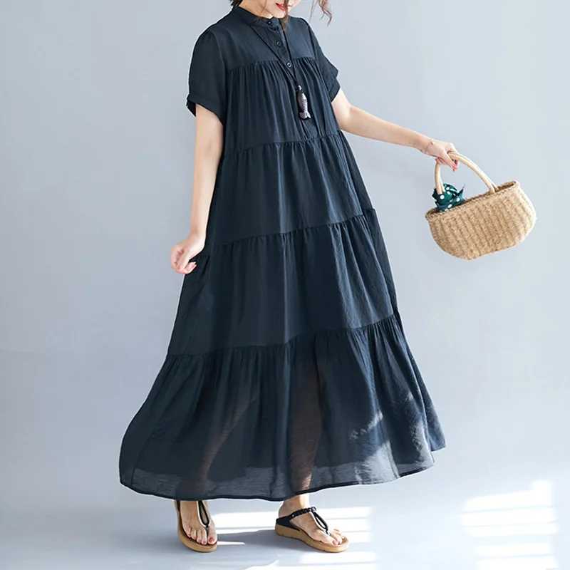 

Johnature Solid Color New Stand Collar Short Sleeve Button Loose Casual Long Thin Women Dresses 2023 Summer Causal Korean Dress