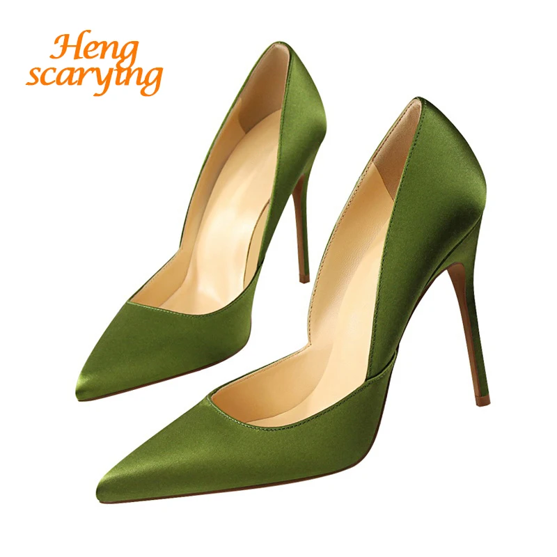 2019 Women 11CM High Heels Green Pumps Women Satin Classic Basic Pumps Sexy  Pointed Toe Escarpins Silk Shallow Stiletto Shoes|Women's Pumps| -  AliExpress