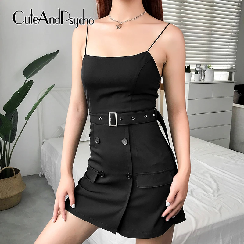 

2019 Elegant Blazer Woman Office Dress Black Spaghetti Strap Dresses Backless Belt Wrap Short Dress Summer Gothic Cuteandpsycho
