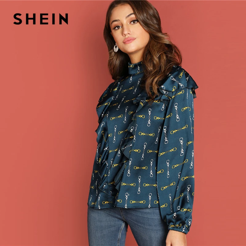 SHEIN Атласный Топ С Модным Платочным Принтом И Вырезом Под Горло, Элегантная Блузка Для Офиса, Женские Топы С Рюшами Блузки С Длинным Рукавом