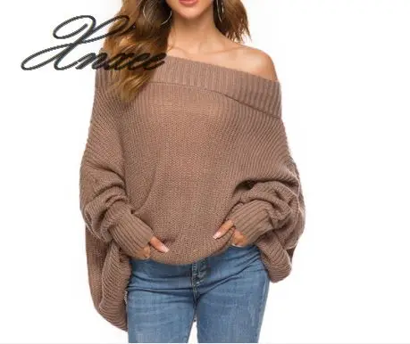 

Xnxee2019 autumn and winter Europe and the United States word collar bat sleeve sweater female off-the-shoulder sweater
