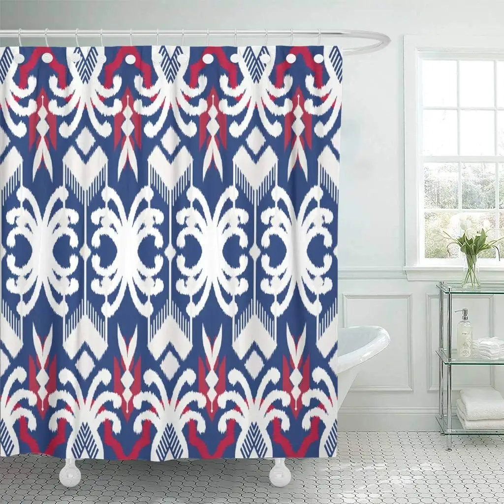 Fabric Shower Curtain Hooks Blue Abstract Ikat Design Red Asian Aztec