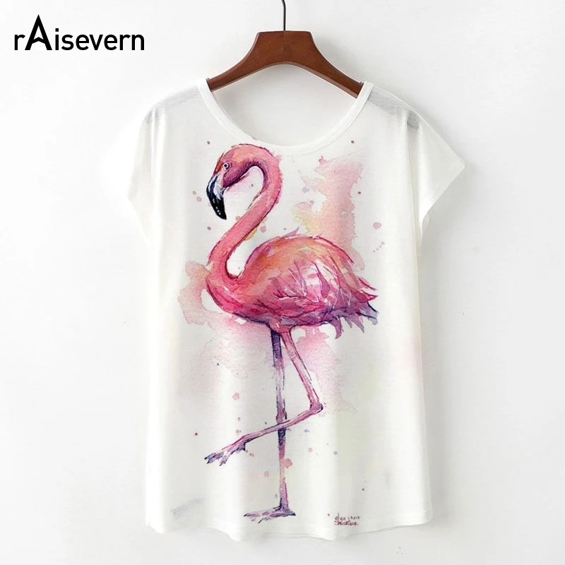 Raisevern nueva Kawaii Flamingo T camisa verano lindo Flamingo unicornio Impresión de ciervos camiseta Mujer Camisetas Mujer Dropship