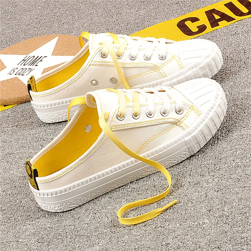 

Spring Fashion Ladies Canvas Shoes Half Slipper New Arrival Lace Up Lazy Vulcanize Shoes Mixed Color Flat With Women Sneakers