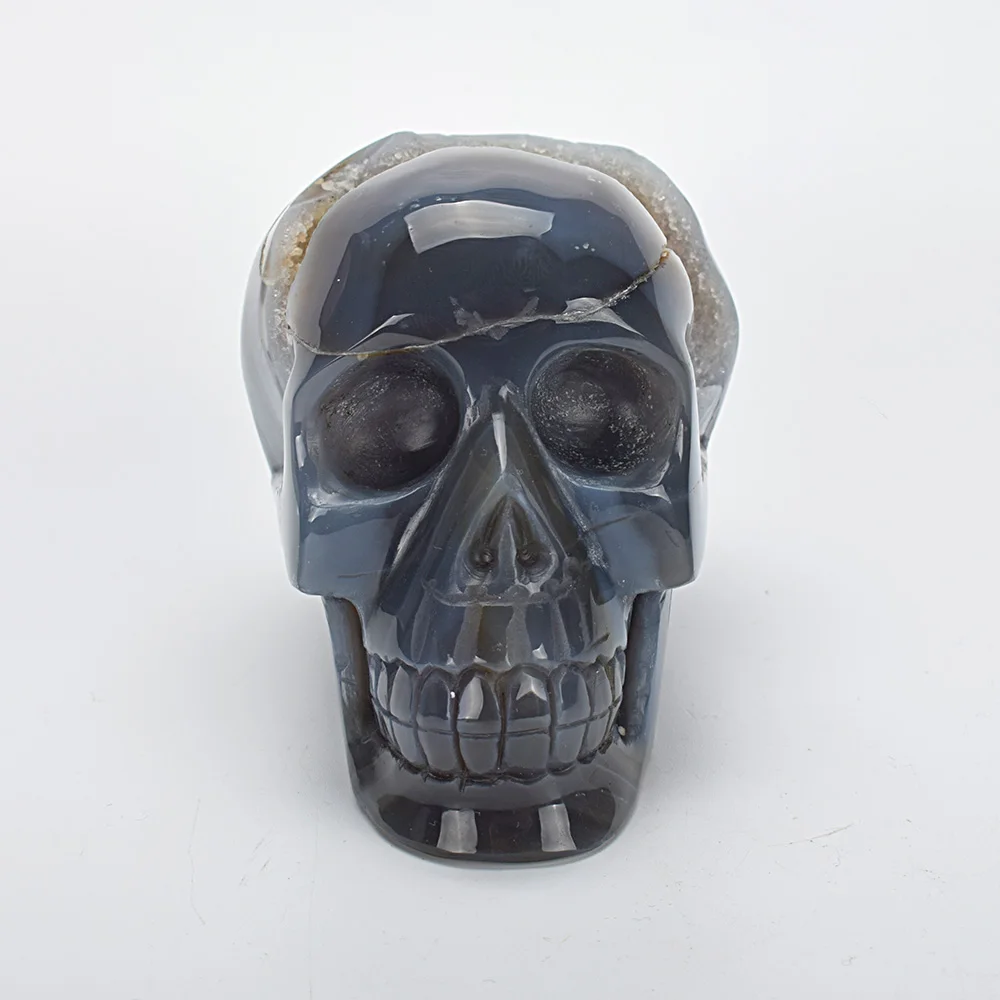 

4 '' Gemstone Carving Crafts Crystal Skull Statue Carved Natural Agate Geode Healing Skull Sculpture Home Decor Art Collection