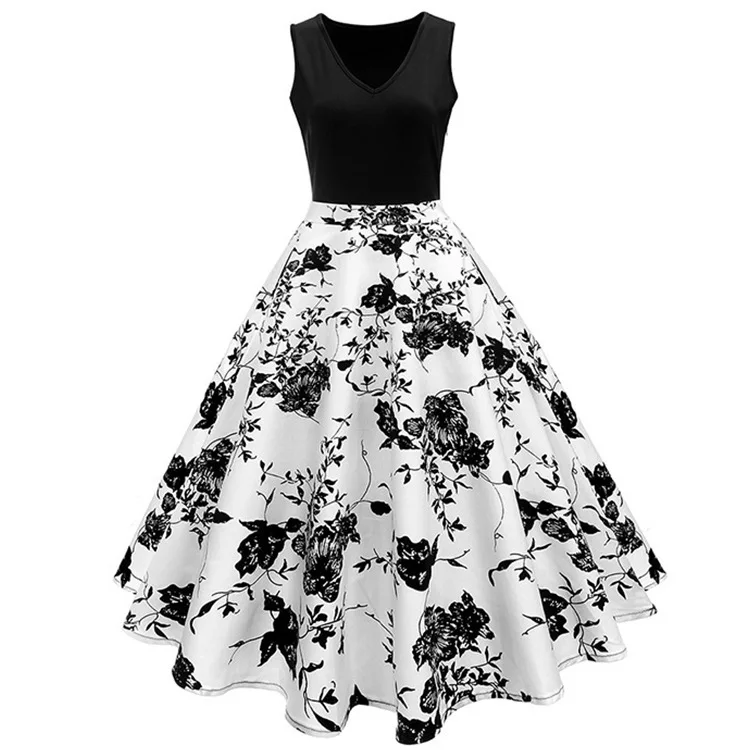 

The latest women's V-neck dress retro print A-line sleeveless Puls size dresses Four Colors SIZE: S-5XL YP02