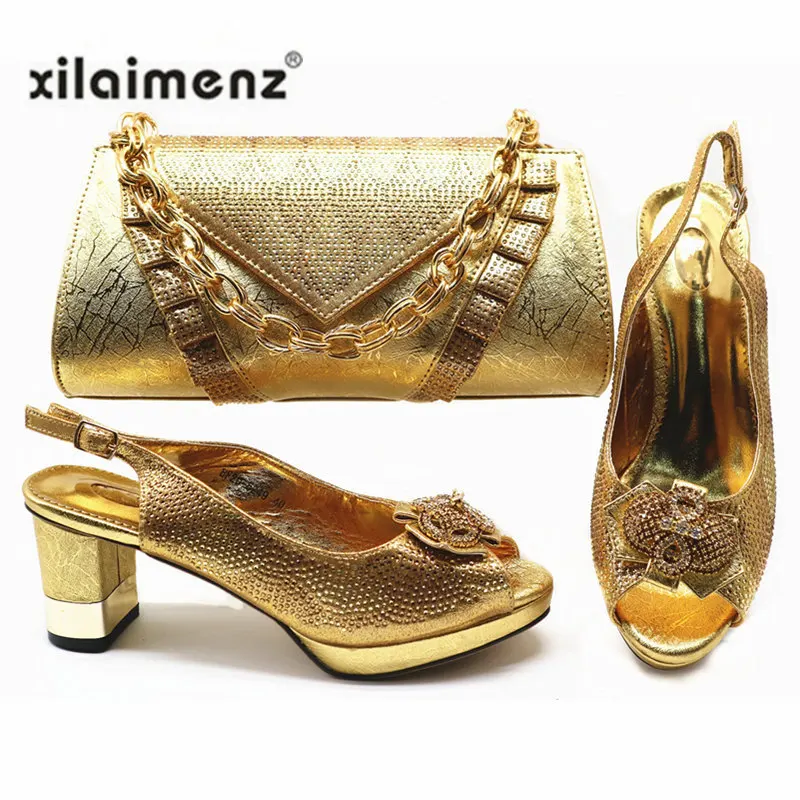 Комплект из туфель и сумочки серебристого цвета в африканском стиле; итальянский комплект из женских туфель и сумочки; стразы; обувь в нигерийском стиле - Цвет: Gold