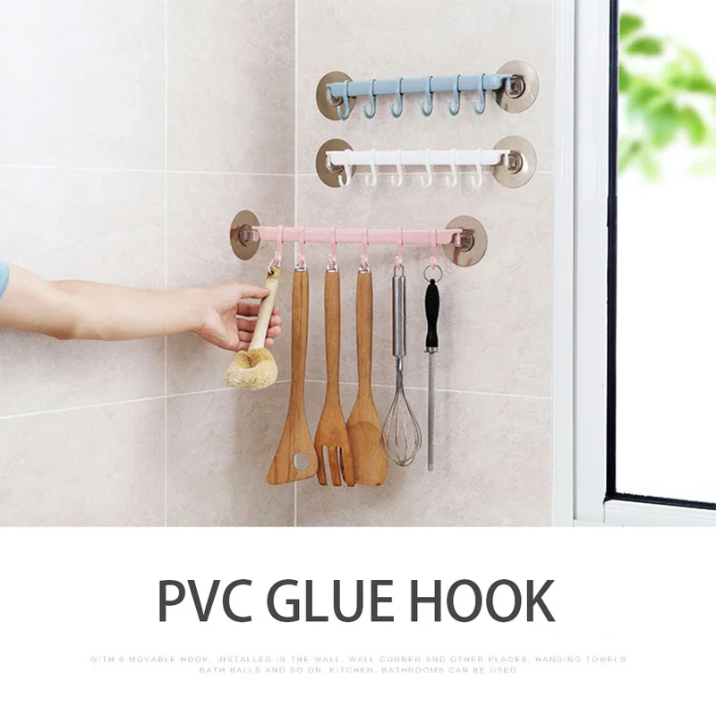 

Strong Adhesive Hook Kitchen Wall Hanging 6 Even Row of Hooks, Creative Bathroom Nail-free Seamless Rack Hanger Hook Shelves