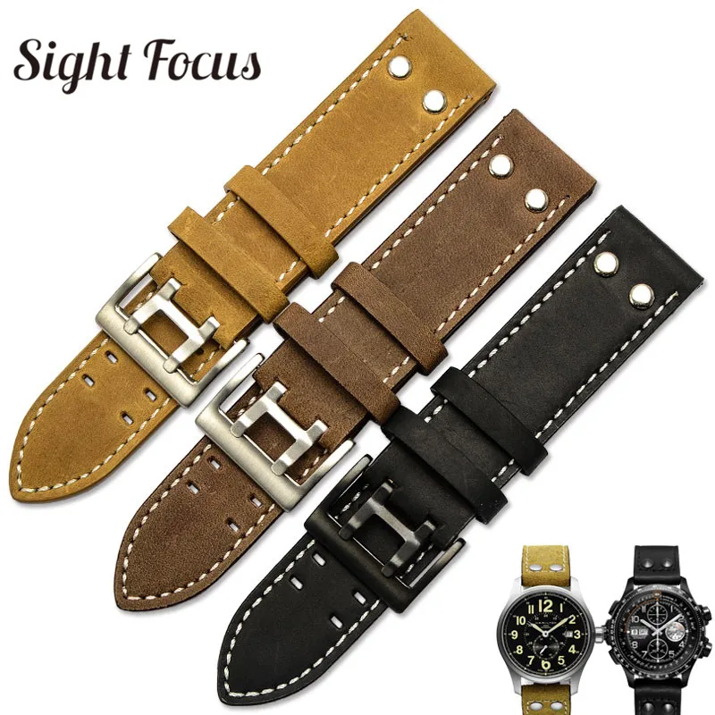 

22mm Crazy Horse Leather Straps for Hamilton Zenith Seiko Omega Watch Band Rivet Military Pilot Khaki Field Aviation Watch Belts