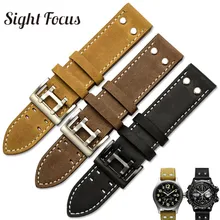 Correas de Piel De Becerro Crazy Horse de 22mm para Hamilton Zenith Seiko, banda de reloj con remaches, Piloto Militar, cinturones de reloj de aviación de campo caqui