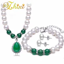 ZHIXI пресноводный культувированный Ювелирные украшения с жемчужинами для Для женщин зеленого нефрита белый жемчуг Цепочки и ожерелья браслеты сережки Юбилей подарок T222
