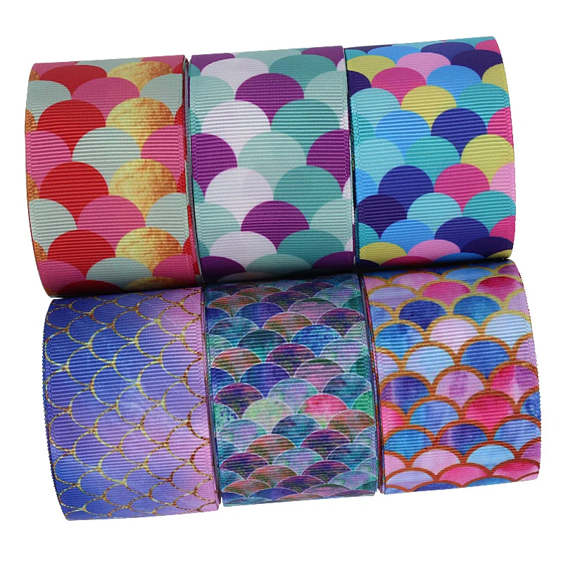 

FLRARIBBONS rainbow mermaid scale printed grosgrain/fold over elastic ribbon
