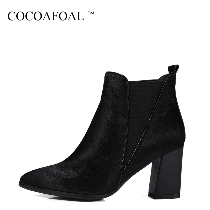 

COCOAFOAL Fashion Black Woman High Heeled Shoes Genuine Leather Pointed Toe Martin Boots Winter Nubuck Leathe Chelsea Boots 2018