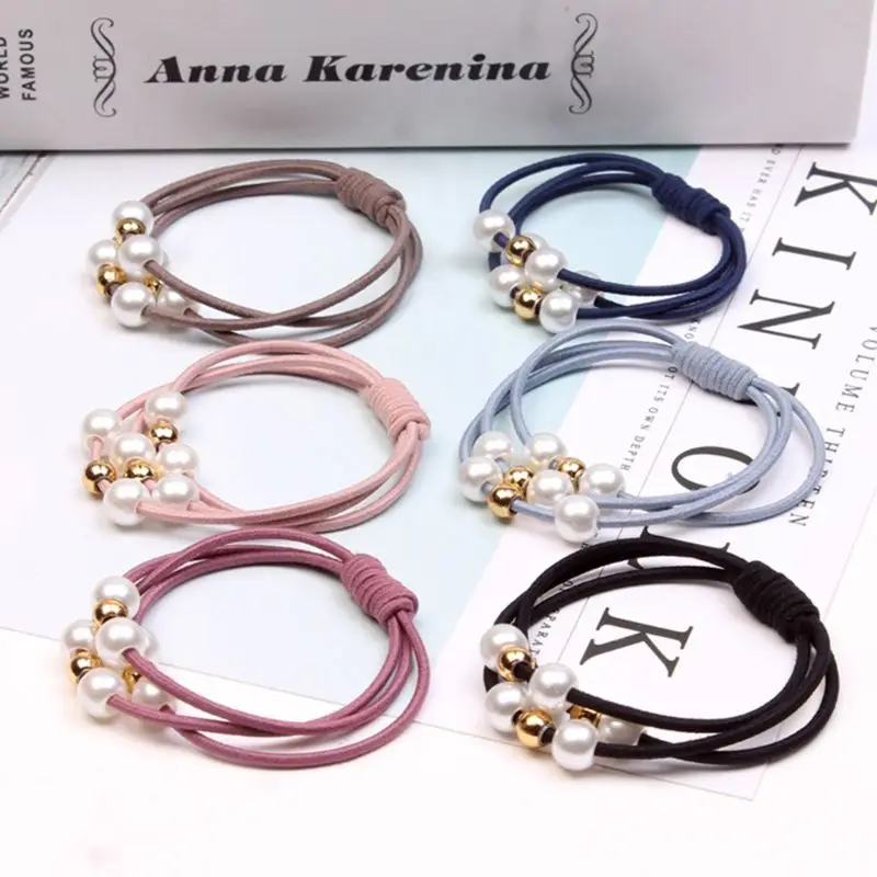 

Korean Women Three Rubber Band Hair Rope Cute Little Bee Imitation Pearl Charms Ponytail Holder Gum Knotted Scrunchies Bracelet