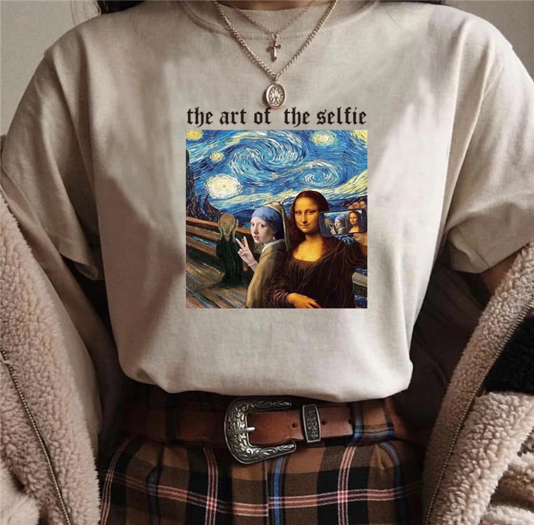 Günstige Fashionshow JF Het Meisje Erfüllt De Parel Mona Lisa Starry Nacht Kunst Gedruckt T Shirt Frauen Kurzarm Van gogh Da Vinvi T Tops