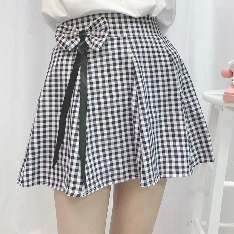 Женская клетчатая юбка с бантом летняя Корейская высокой талией а силуэта