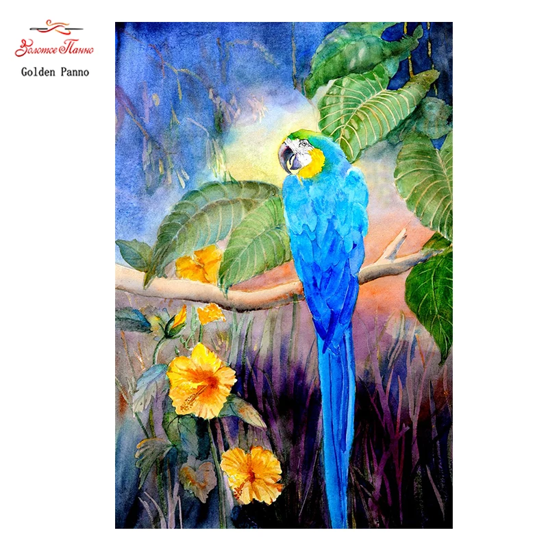 

Golden Panno,DIY DMC 11CT 14CT completely Cross stitch blue parrot kits embroidery needlework sets wall decoration 08