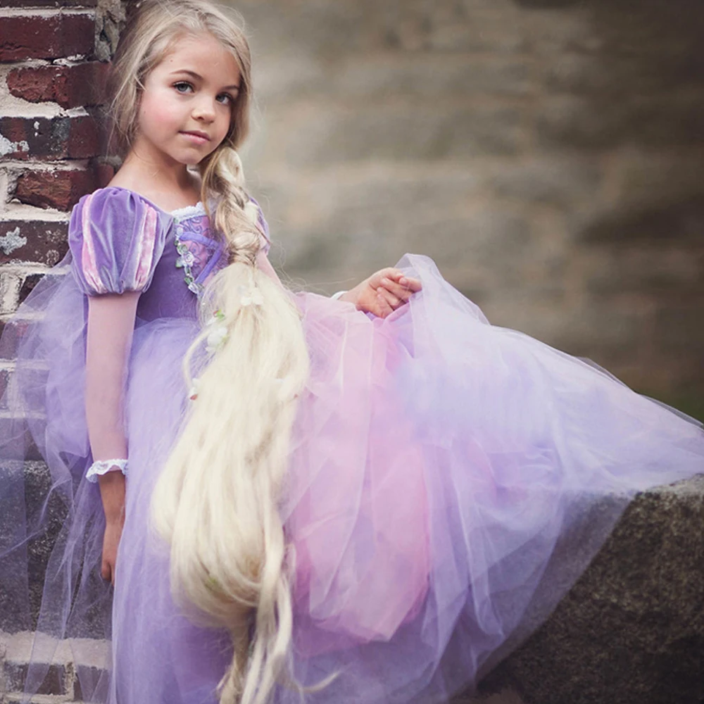 Высокое качество девушка-Рапунцель парик+ платье принцессы Хэллоуин ребенок Спящая красавица Косплей София Тюль Туту бальное платье детская одежда