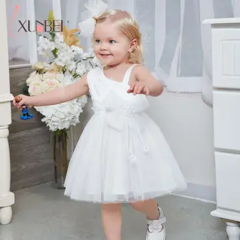

Knee Length Summer Tulle White Flower Girl Dresses Big Bow Girls Pageant Dresses First Communion Dress Evening Party Dress