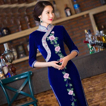 

Top Grade Brand New Arrival Handcrafte Embroider Beads Sequined Women's Velour Long Cheong-sam Dress S M L XL XXL 3XL 4XLRY8221