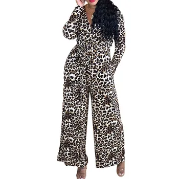 

Fashion Leopard Printed Jumpsuit For Women Sexy Deep V Neck Long Sleeve Office Ladies Overalls Drawstring Wide Leg Trousers 2019