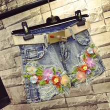 Летние женские модные джинсовые шорты с вышивкой и блестками, с 3D цветочной аппликацией, милые Рваные джинсовые шорты для девочек, шорты без ремня W1746