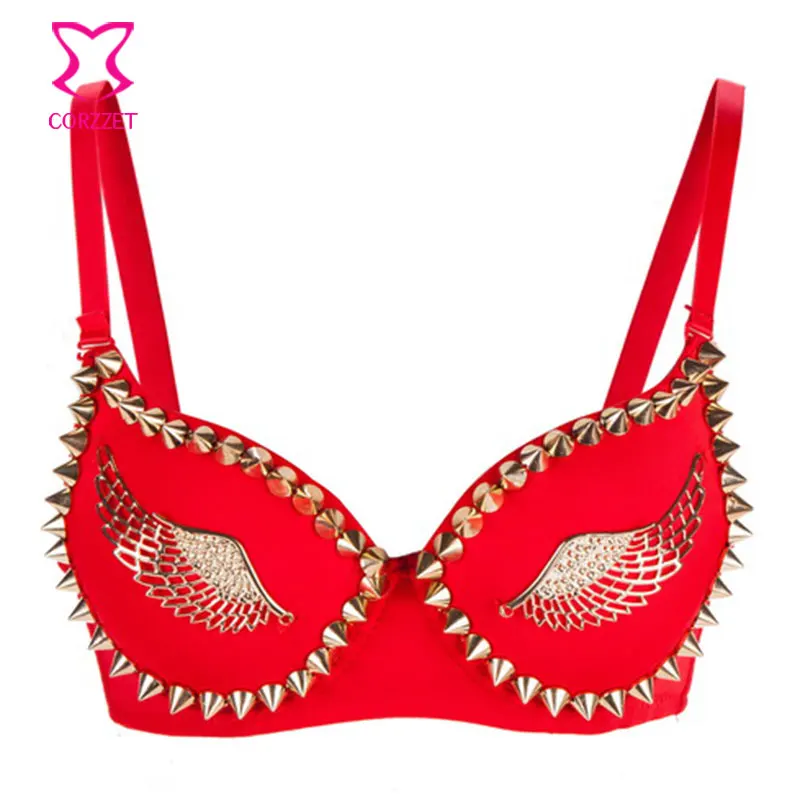 Gold Stud Rivet Spike Wings Red Steampunk Bralette Top Sexy Club Bra Push Up Exotic Bras For Women Underwear Dancewear Lingerie