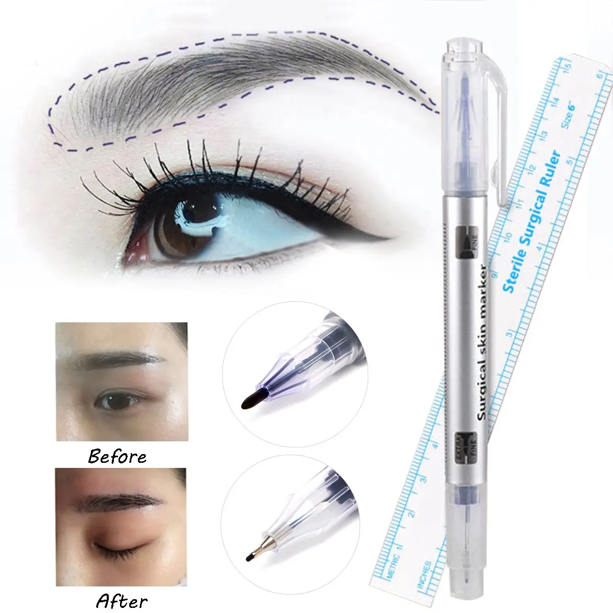 Buy 2pcs/Set Microblading Surgical Skin Marker Eyebrow Marker Pen With Measure
