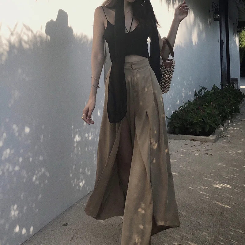 

High Waist Split Ladies Wide Leg Pants Casual Summer Trousers Womens Full Length Side Stripe Women Clothing 2018