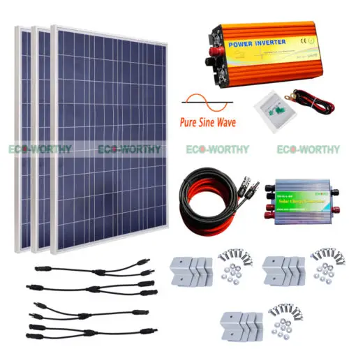 

300W 3*100W Solar Panel Kit + 1KW 12V Pure Sine Wave Inverter Off Grid System