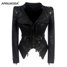 Женская куртка из искусственной кожи с заклепками в стиле панк; сезон зима-осень; Черная мотоциклетная куртка; Верхняя одежда в готическом стиле из искусственной кожи с длинным рукавом; пальто из искусственной кожи
