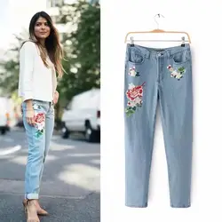 Новый цветочный вышитые джинсовые штаны Винтаж Высокая Талия повседневные джинсы Для женщин женские осень-зима все подобранные брюки