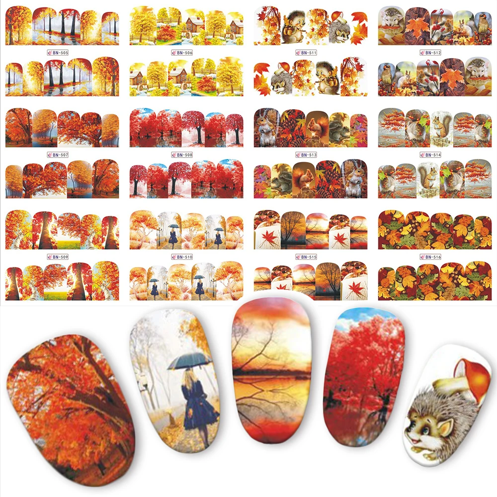 12pcs beautiful autumn yellow tree water transport nail sticker applique DIY decoration tips BN505-516 | Красота и здоровье
