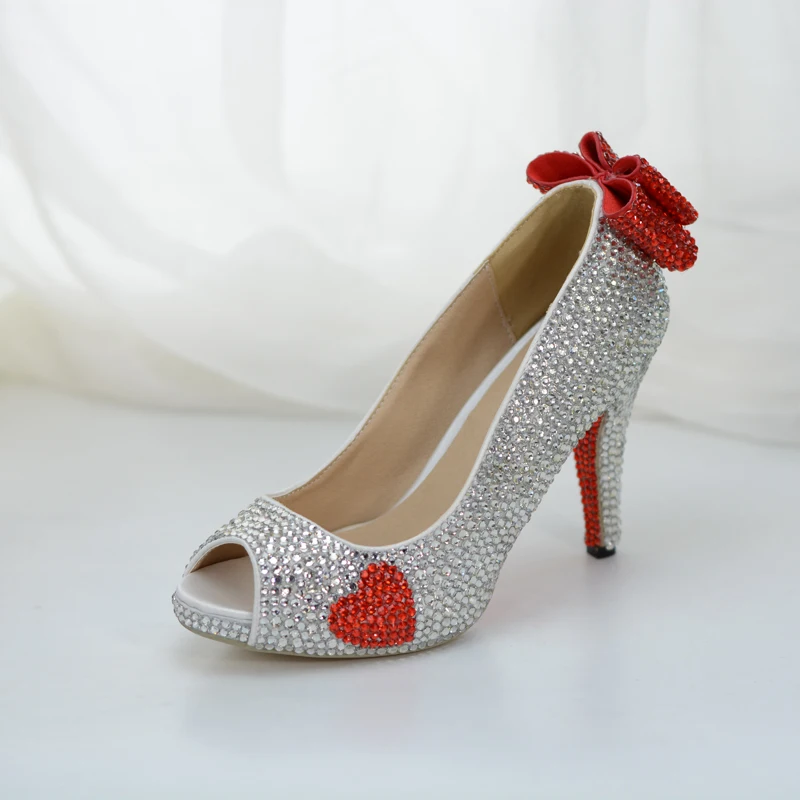Beautiful Silver Rhinestone Formal Dress Shoes Red Crystal