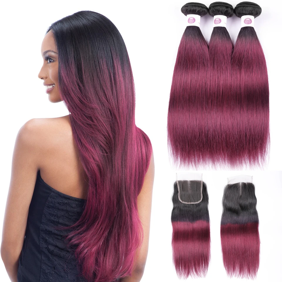 

Peruvian straight burgundy hair weave 3bundles with lace closure ombre human hair with closure lanqi 1b/99j bundles with closure