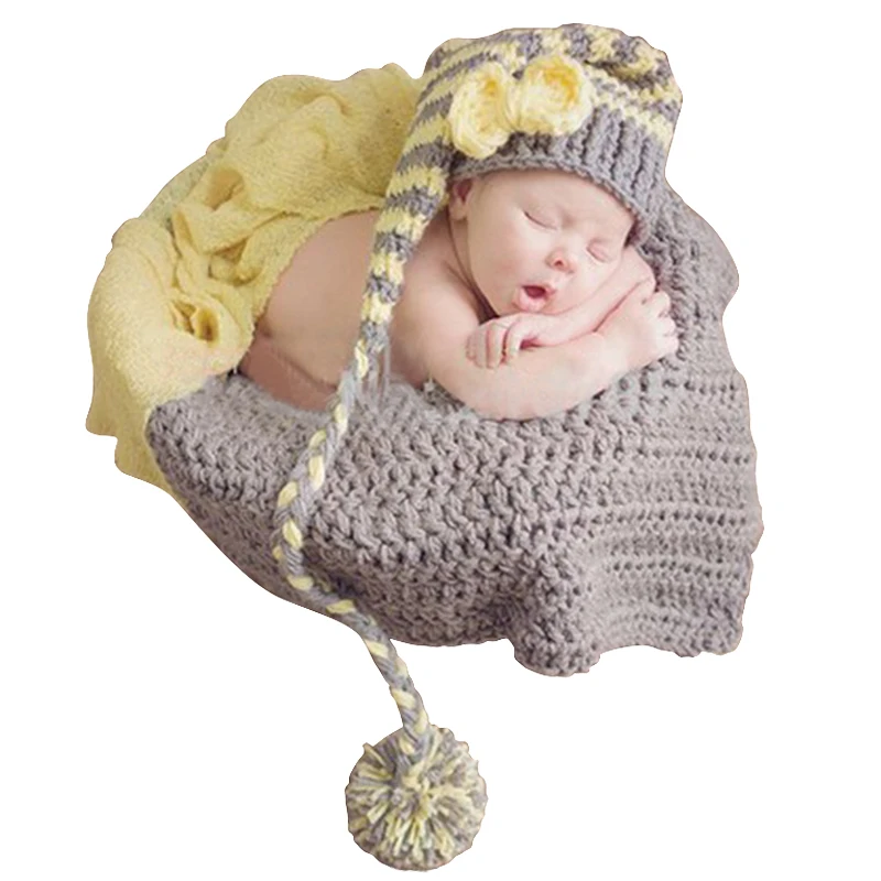 

Baby Boys Grils Cute Photo Crochet Long Tail Cap Newborn Infant Color Yellow and Grey photography Costume