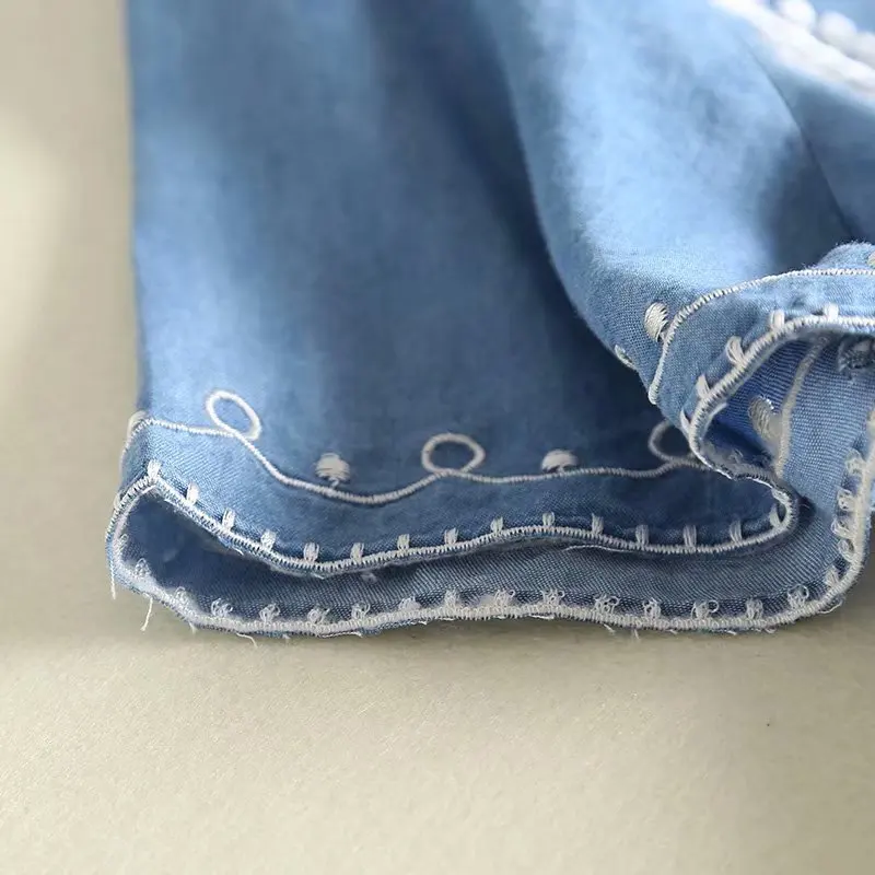 embroidery soft jeans dress women short sleeves casual knee length summer denim dresses cotton cute light blue o-neck fashion