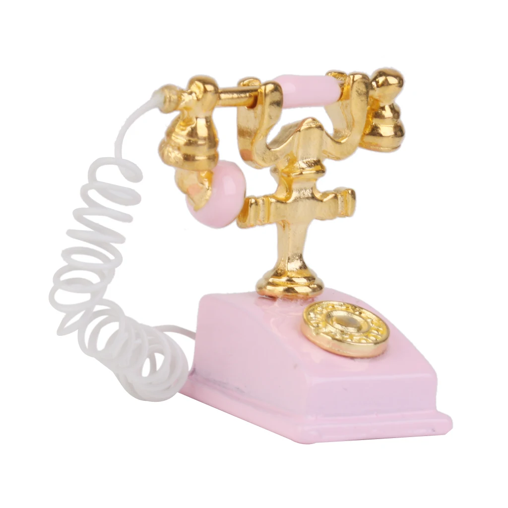 1/12 Retro Phone Pink Vintage Desk Telephone Dollhouse Miniature Simulation Toy