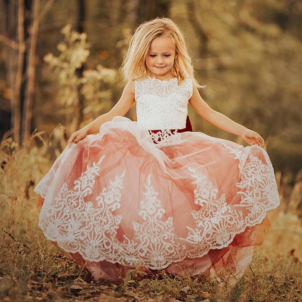 

Princess Flower Girl Dress for Wedding Kids Lace Beaded Pageant Ball Gowns