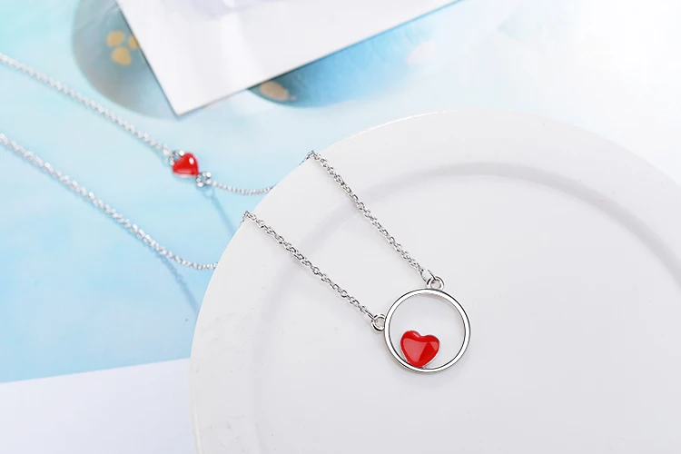 Anenjery капельная глазурь Красное сердце любовь сердце круг 925 пробы Серебряная цепочка для ключицы ожерелье для женщин S-N309