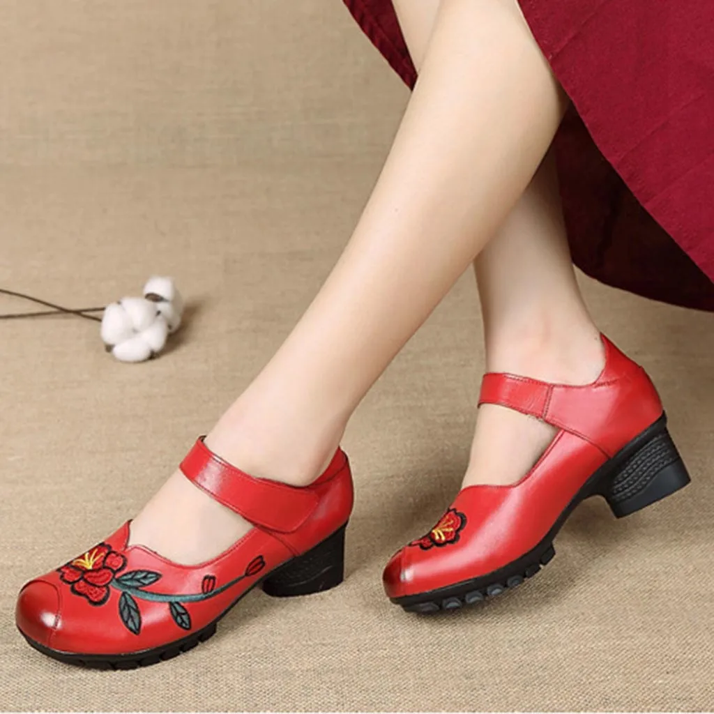Женская обувь на среднем толстом каблуке с вышивкой ручной работы scarpe donna zapatos de