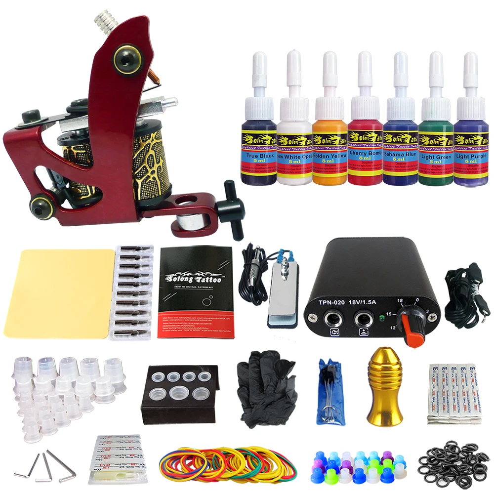

Hybrid Complete Tattoo Coil Machine Kit For Liner Shader Power Supply Foot Pedal Needles Grip Tips Tattoo Body&Art TK105-8