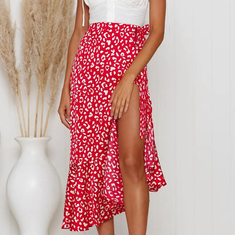 

Femajor Women High Street Red Print High Waist Skirt Summer Beach Holiday Casual Wrap Lace up Mid Skirt Female Thin Skirts Large