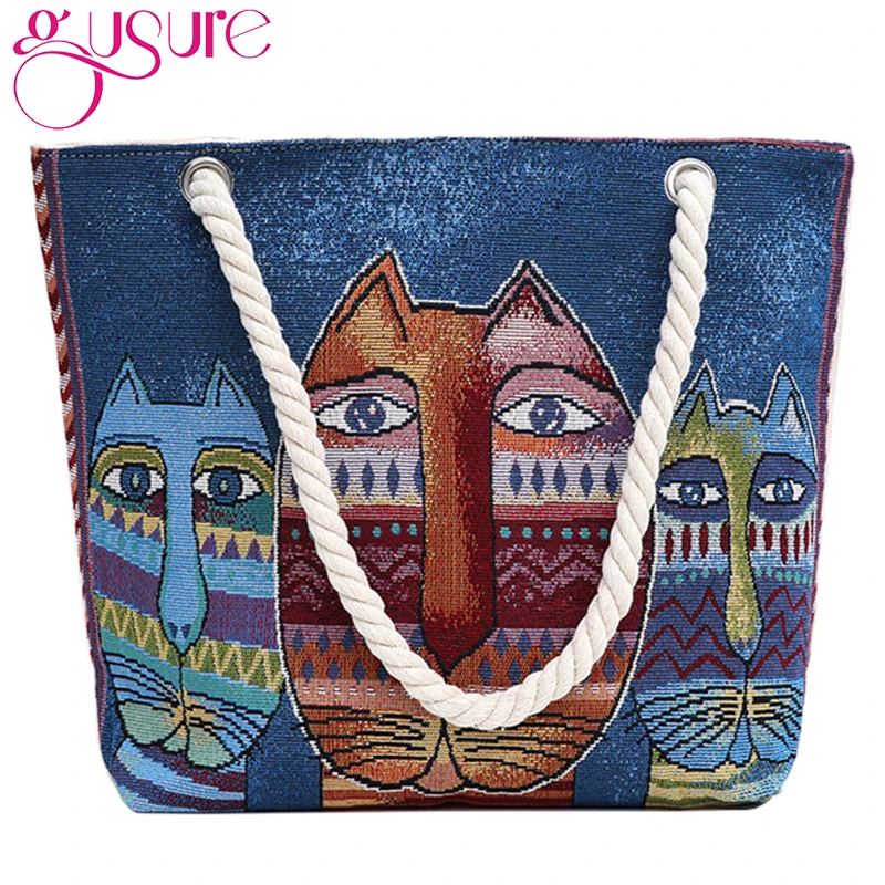 

Gusure 2019 New Fashion Cartoon Owl Printed Canvas Bags for Women Shopping Handbags Casual Big Shoulder Bag Beach Bags