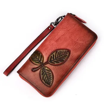 

Hot vegetable tanned leathe gorgeous leaf pattern women wallet casual purse vintage style high quality wallets clutch bag