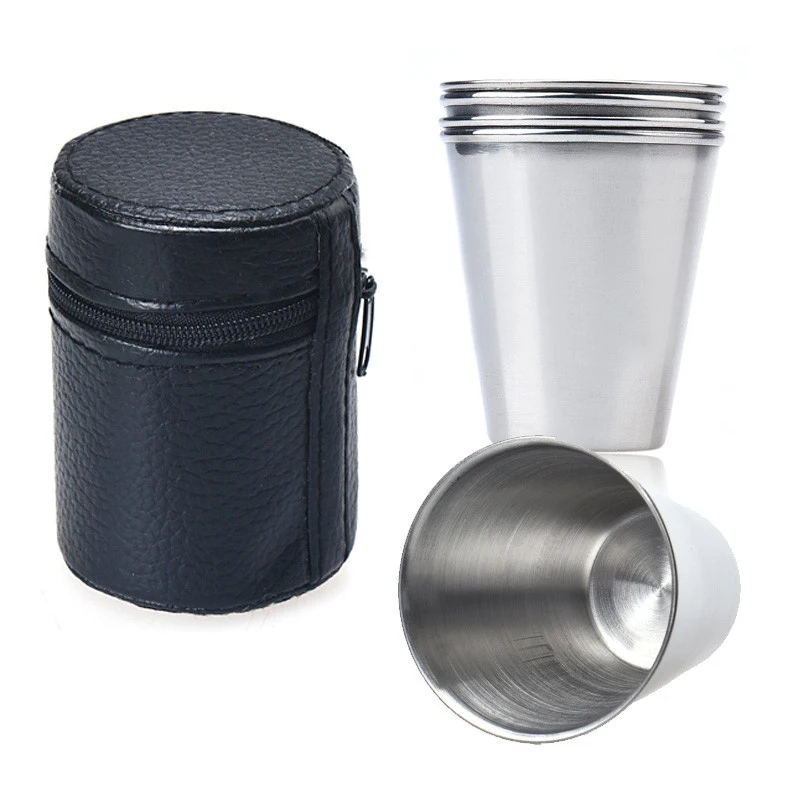4pc/Set Stainless Steel Mini Alcohol Whiskey tumble Leather Covered Portable Shot Glass With